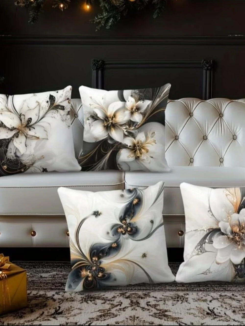 Floral Swirl Accent Pillow Cover - White, Black & Gold. Set Of 4